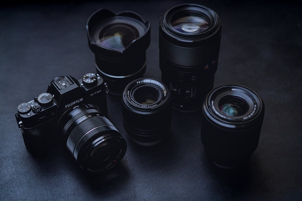 Fujifilm camera and lenses sitting on a desk